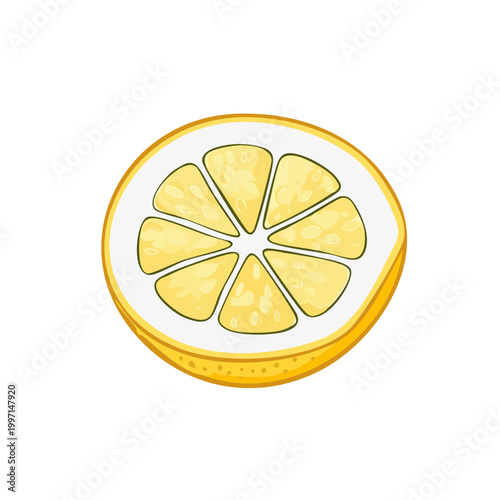 Bright yellow lemon slice with visible segments and textured pulp on white background