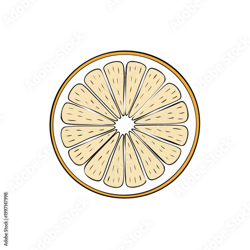 Top view of a stylized light orange citrus fruit slice with segmented pulp and thick rind