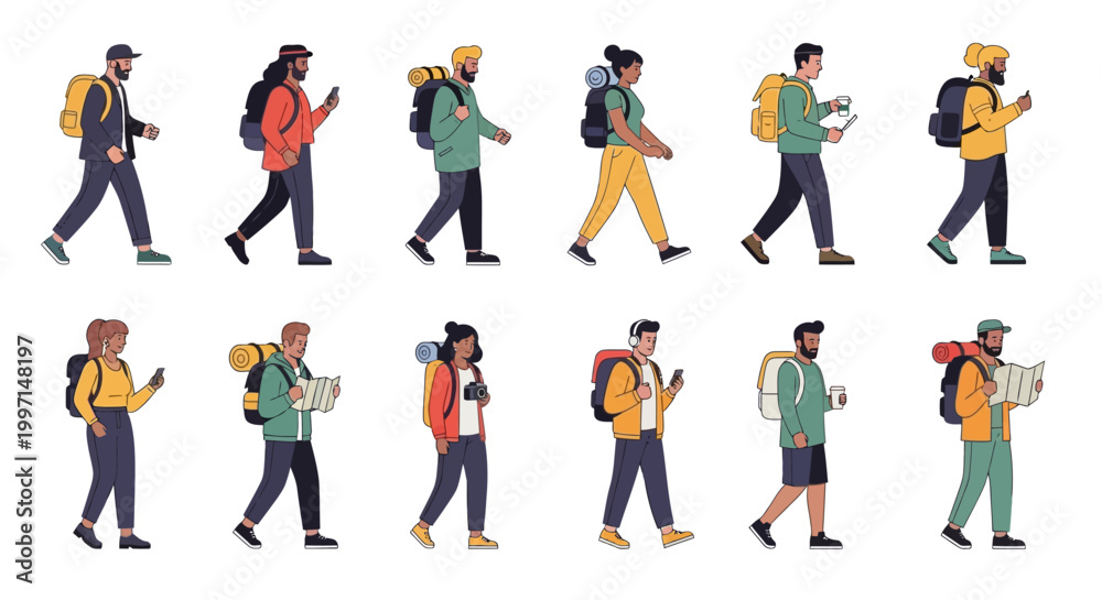 Fototapeta premium Diverse travelers with backpacks walking and using phones
