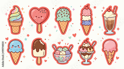 A vibrant collection of kawaii-style ice cream illustrations, featuring cones, popsicles, sundaes, and milkshakes, adorned with cute faces and hearts.