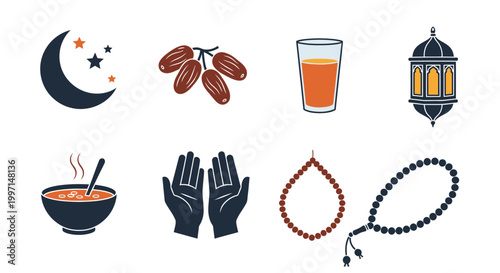 Ramadan icons with crescent moon, dates, soup, and lantern