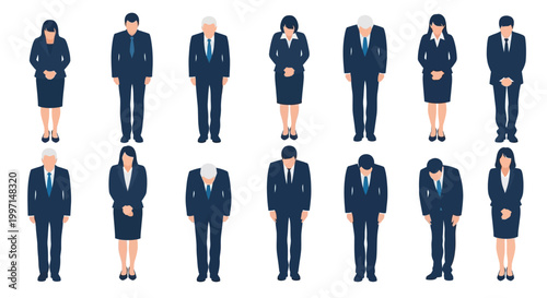 Business people bowing in unison, diverse group in navy suits