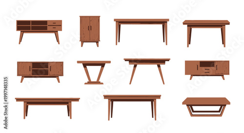 Mid century modern furniture collection in brown wood