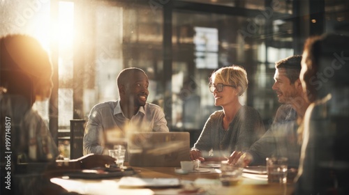 Brainstorming in the boardroom: A dynamic gathering of business professionals engages in lively discussion, bathed in the warmth of natural light, fostering innovation and collaboration.