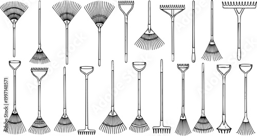 Konstfotografi Set of diverse garden rakes: various types including leaf rakes and soil rakes for gardening and yard work, detailed line art illustration