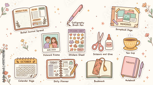 A charming collection of stationery and journaling supplies, including a bullet journal spread, calligraphy pen, scrapbook, stickers, and a daily planner.