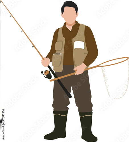 Angler wearing fishing vest and waders holding fishing rod and net ready for catching fish in lake with bait on line isolated on white background.