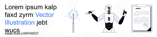 Renewable energy, artificial intelligence, robotics, automation, sustainable technology, future concepts. A robot interacts with a wind turbine and a document. Renewable energy and AI technology