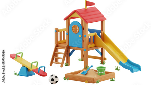 Colorful children playground set with slides and climbing structures in a park setting Vector