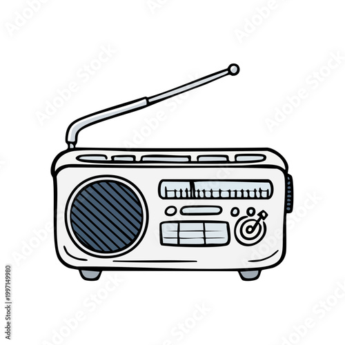 Retro portable radio with antenna and dials illustrated in a simple clean style