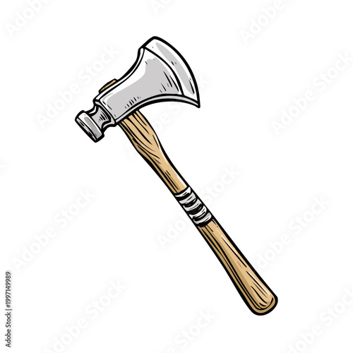 Hand drawn cartoon hatchet with hammer head on wooden handle illustration