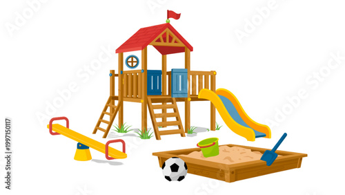 Colorful playground set with slide, swing, and sandbox for kids Vector