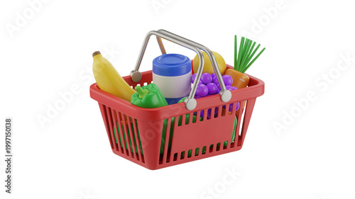 3d render of a red shopping basket filled with fresh groceries, including fruits, vegetables, and a container, symbolizing market, retail, and healthy eating, isolated on transparent background