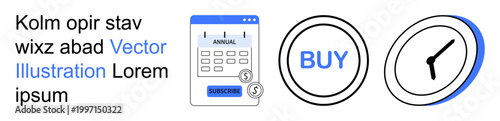 E-commerce, subscriptions, online shopping, time management, marketing tools, digital payments. Calendar payment form, buy button clock icon. E-commerce and subscriptions concept