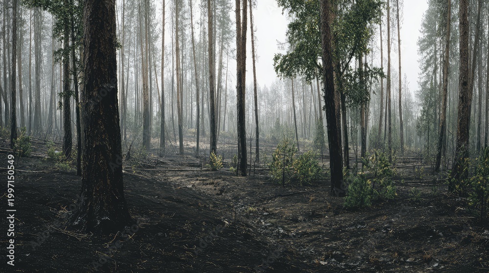 Naklejka premium Burnt forest floor and charred pine tree trunks standing tall with emerging young green saplings, symbolizing recovery and resilience after a wildfire disaster