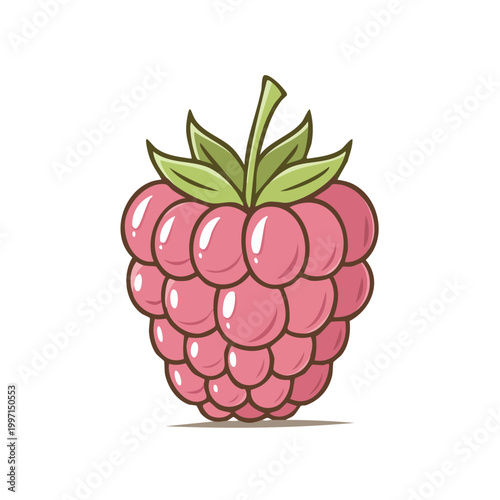 Vibrant cartoon illustration of a ripe pink raspberry with green leaves and a stem