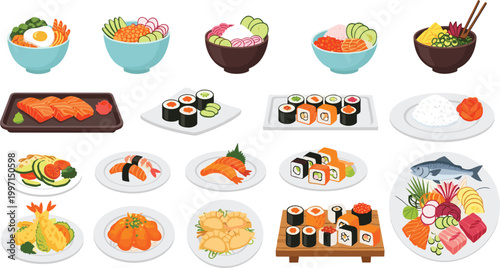 Assorted Japanese Cuisine Featuring Sushi, Sashimi, Rice Bowls, and Grilled Salmon Dishes
