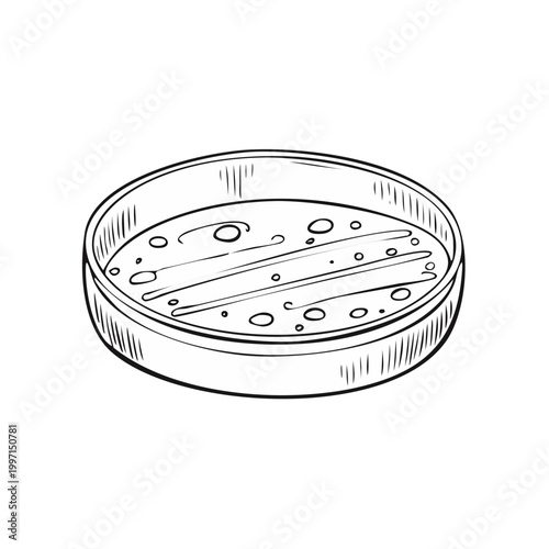 Hand drawn scientific petri dish with bacterial cultures and liquid medium illustration