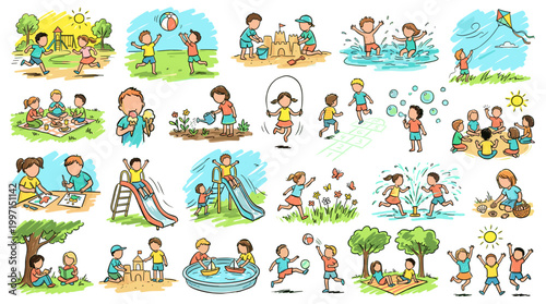 A vibrant collection of colorful illustrations depicting children engaged in various outdoor summer activities and games, showcasing joy and active play.