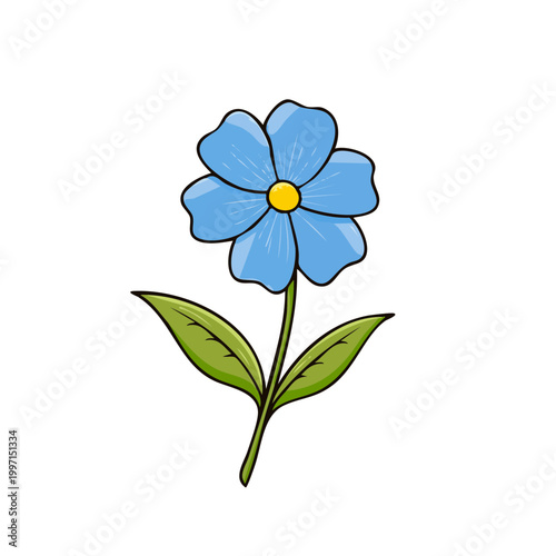 Delicate Blue Flower with Green Leaves and Yellow Center Simple Cartoon Illustration