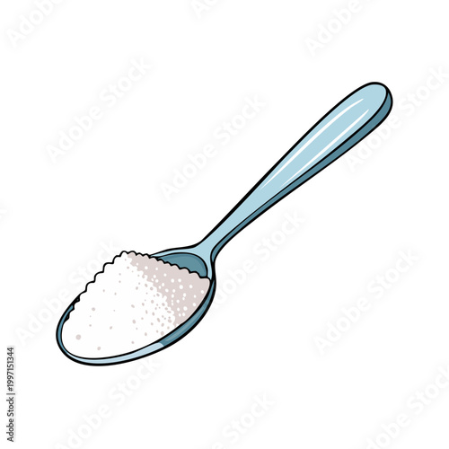 Spoon filled with white sugar granules isolated on white background