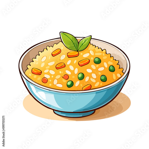 Vibrant illustration of a colorful bowl of rice with peas carrots and basil garnish