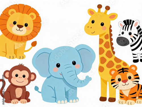 Cute zoo animals drawing set with colorful cartoon style illustration