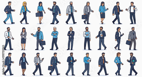 Business people walking in various directions.