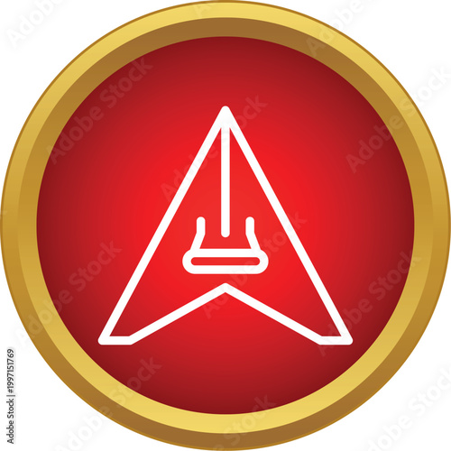 Hang glider icon outlined in white on a red circle with a gold border