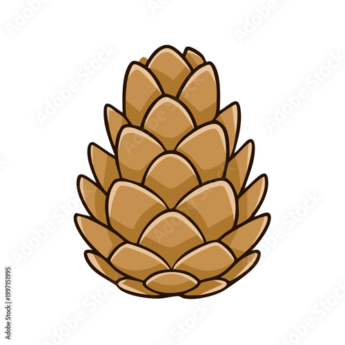 Isolated cartoon drawing of a pine cone with brown scales and a dark outline