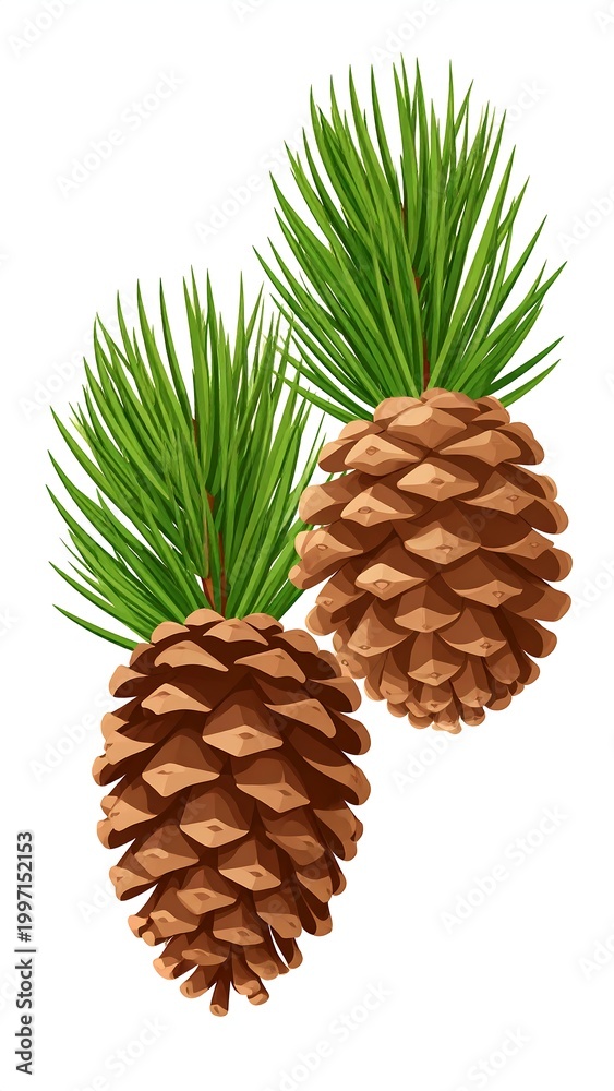 Fototapeta premium Digitally rendered illustration of two conifer pinecones with needles attached. The cones are brown and detailed, the needles green