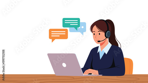Friendly customer support representative wearing a headset and working on a laptop, with chat bubbles, symbolizing online assistance and communication.