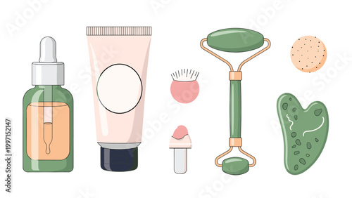 Collection of skincare products and tools, including serums, creams, a jade roller, and a gua sha stone, symbolizing beauty, self-care, and wellness.