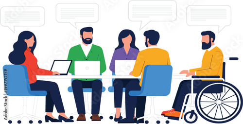 Inclusive business meeting with diverse team and wheelchair user, teamwork collaboration discussion in modern office illustration