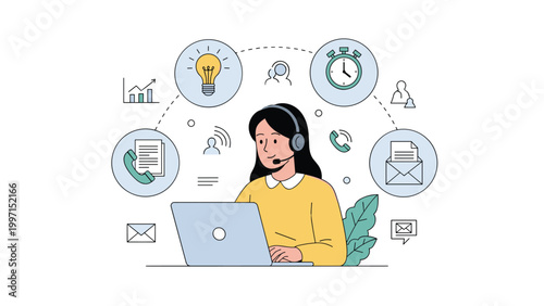 Customer service agent with a headset working on a laptop, surrounded by icons representing various communication channels and business solutions, symbolizing comprehensive support and efficiency.