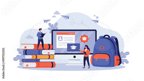 People studying online with books, backpack, and a computer displaying educational content, symbolizing e-learning, distance education, and academic achievement.