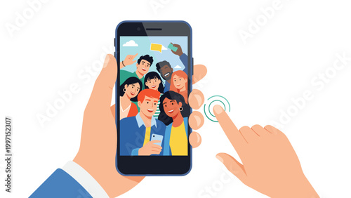 Hands holding a smartphone displaying a group selfie of diverse happy friends, symbolizing social connection, digital photography, and shared moments.