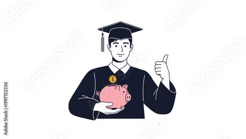 Happy male graduate in cap and gown holding a piggy bank and giving a thumbs-up, symbolizing educational investment, financial planning for future, and academic success.
