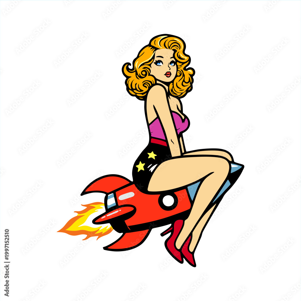 Obraz premium vector illustration drawing of Pinup Girl Sitting on Rocket