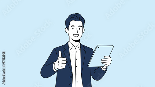 Confident businessman in a suit holding a tablet and giving a thumbs-up, symbolizing approval, success, and effective digital work.