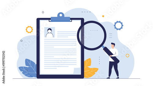 Man examining a resume or document with a large magnifying glass, symbolizing recruitment, job search, and detailed analysis of qualifications.