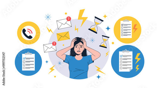 Stressed woman with hands on her head, overwhelmed by multiple tasks, emails, phone calls, and deadlines, symbolizing burnout and multitasking challenges.