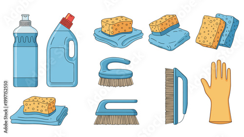 Collection of cleaning supplies including bottles of detergent, sponges, brushes, and rubber gloves, symbolizing household chores and hygiene.