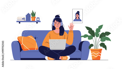 Young woman with headphones working on a laptop while sitting comfortably on a couch at home, symbolizing remote work, online learning, and relaxed productivity.