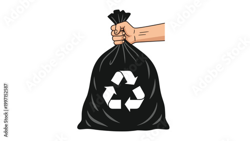 Hand holding a black garbage bag with a recycle symbol, representing waste management, recycling, environmental protection, and sustainability.