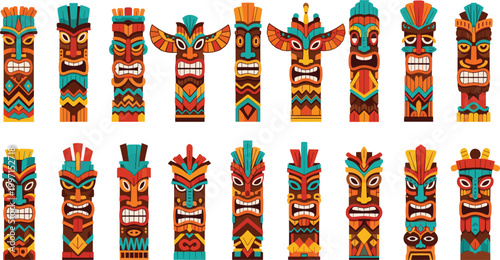 Set of Colorful Tribal Tiki Masks with Bold Expressions for Hawaiian, Polynesian, and Island Culture Designs