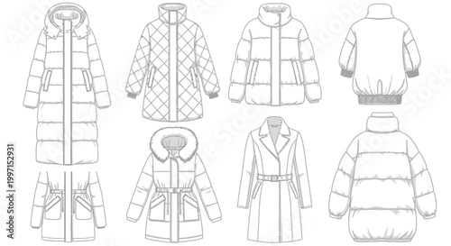 Collection of winter puffer jackets designs.