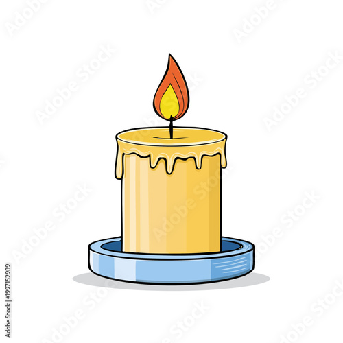Single lit yellow candle with dripping wax on a blue holder