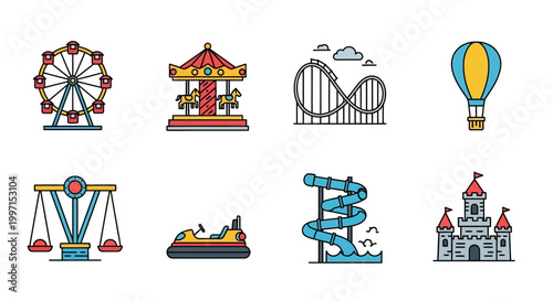 Colorful amusement park rides icons set.