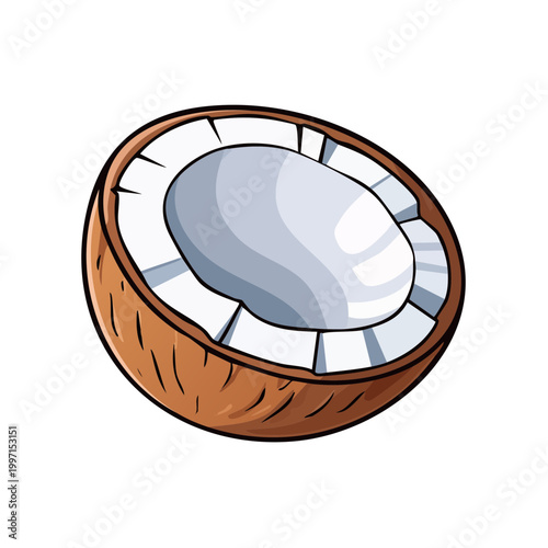 Stylized illustration of a ripe coconut sliced in half, revealing white flesh and dark brown husk